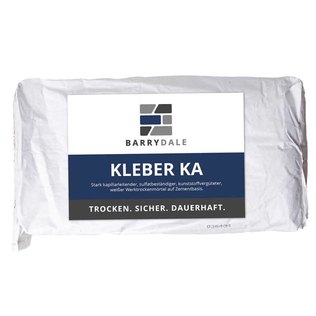 KLEBER-KA - Stark kapillarleitender, sulfatbeständiger, kunststoffvergüteter, weißer Werktrockenmörtel auf Zementbasis.